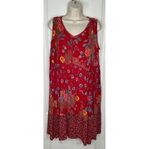 Bila‎ Red Floral Print Sleeveless Dress XXL Bohemian Casual Summer Crinkle Rayon